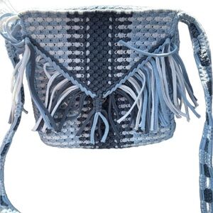Blue and White Woven Crossbody Bag with Fringe